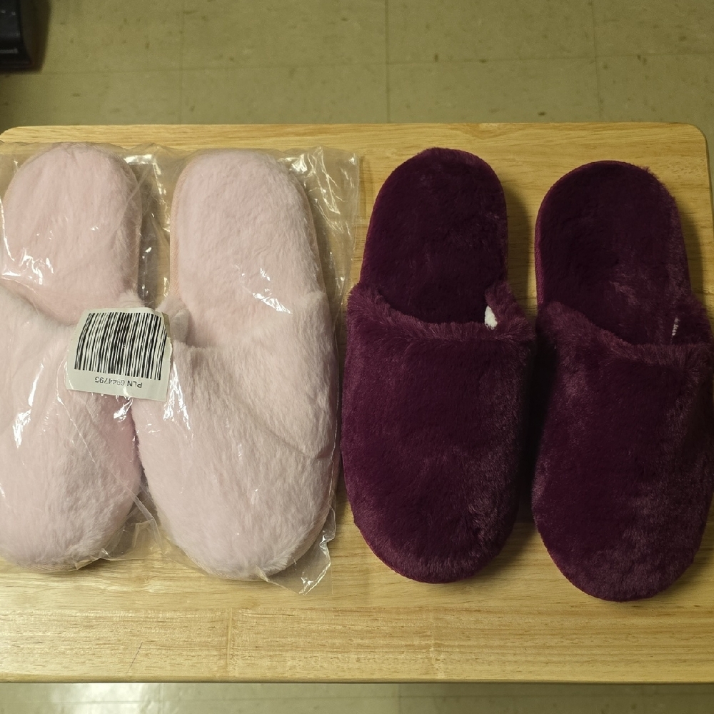 Plush Women's Slippers - Light Pink and Deep Purple